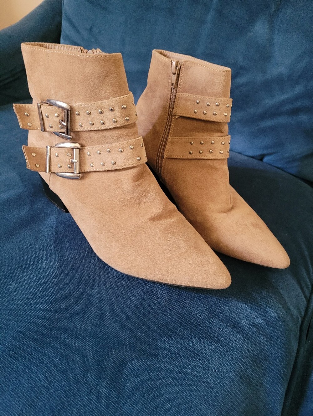 So Me Brand Women’s Tan Suede Pointed Ankle Boots with Buckle Straps